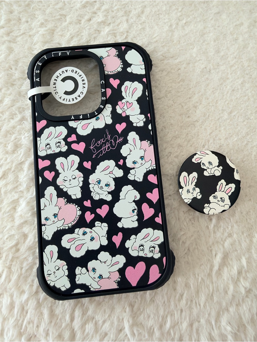 iPhone 14 Pro Casetify Black & Pink Bunny Sweetheart Phone Case w/ FREE PopGrip